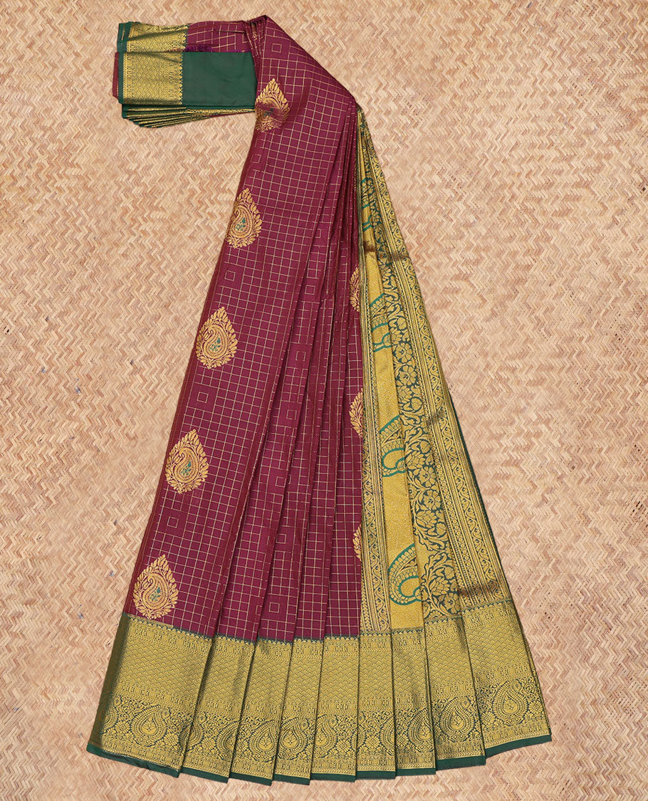 Maroon Budget Silk Saree, Woven with Zari Buttas and Checks, a Contrast Traditional Zari Border, Grand Pallu, and a Contrast Blouse