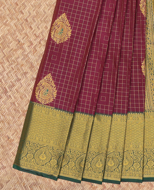 Maroon Budget Silk Saree, Woven with Zari Buttas and Checks, a Contrast Traditional Zari Border, Grand Pallu, and a Contrast Blouse