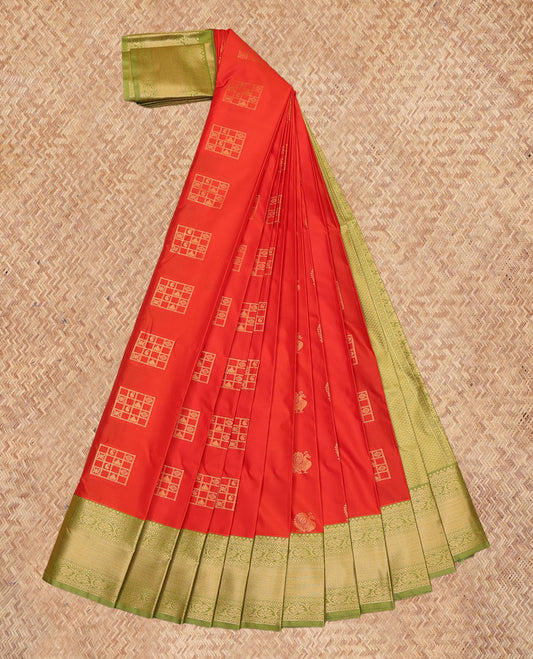 Orange Budget Silk Saree, Richly Detailed with Zari Buttas, a Contrast Traditional Zari Border, Intricate Pallu, and a Contrast Blouse
