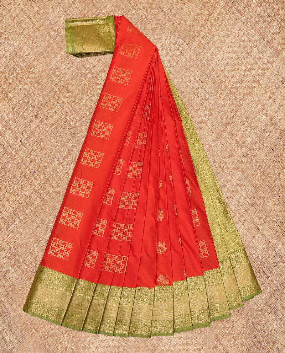 Orange Budget Silk Saree, Richly Detailed with Zari Buttas, a Contrast Traditional Zari Border, Intricate Pallu, and a Contrast Blouse