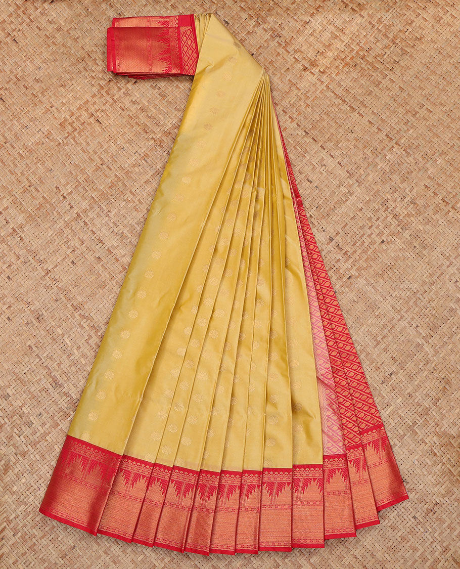 Yellow Budget Silk Saree, Sparsely Sparkled with Zari Buttas, a Contrast Traditional Zari Border, Grand Pallu, and a Contrast Blouse