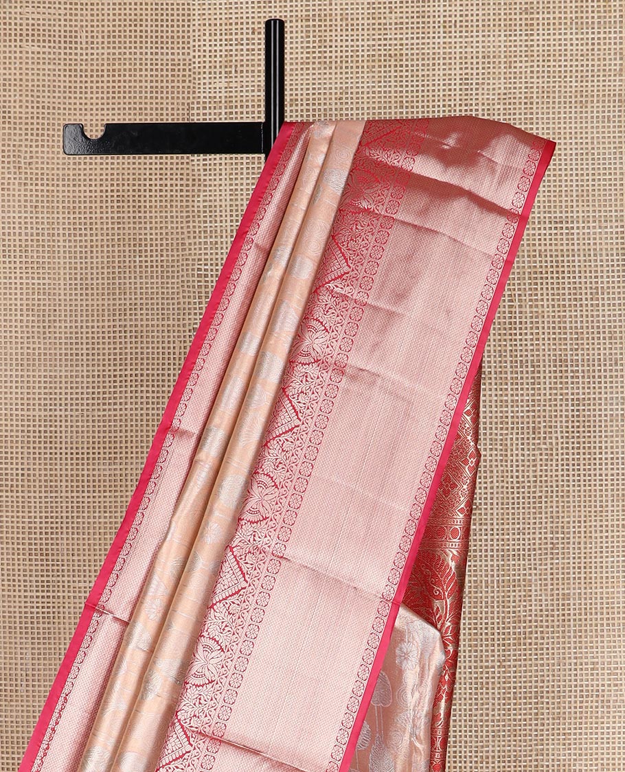 Peach jacquard budget silk saree, contrast traditional zari border, and jaal pallu