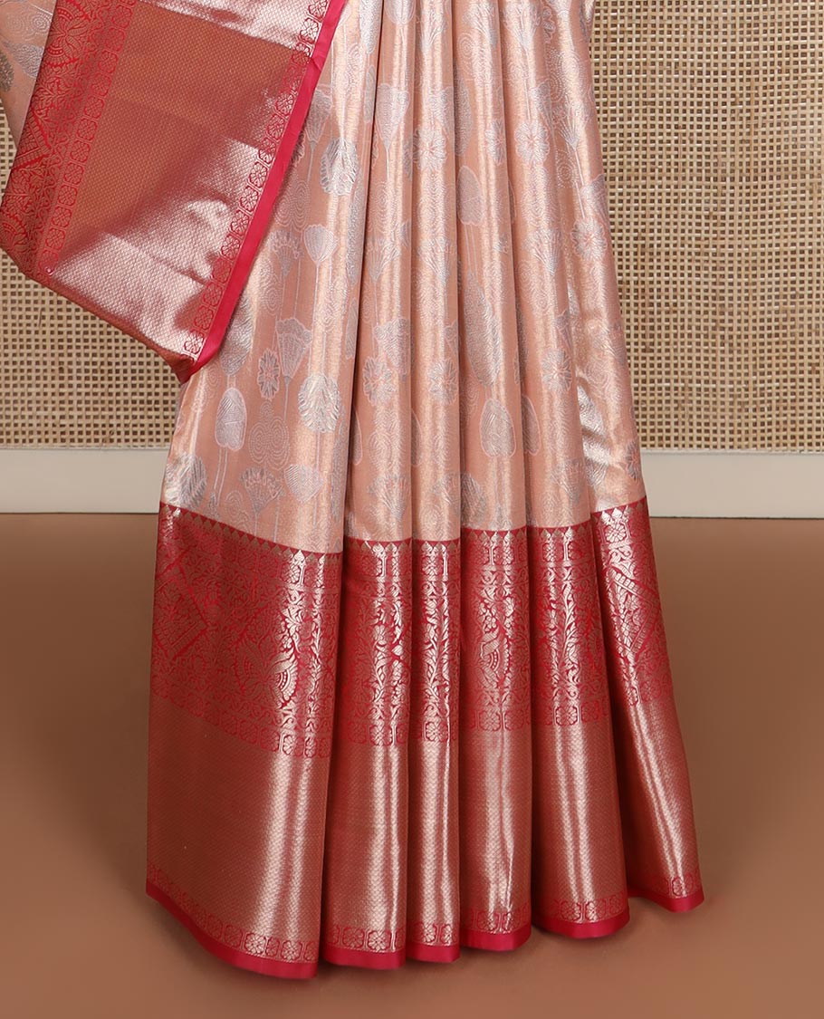 Peach jacquard budget silk saree, contrast traditional zari border, and jaal pallu