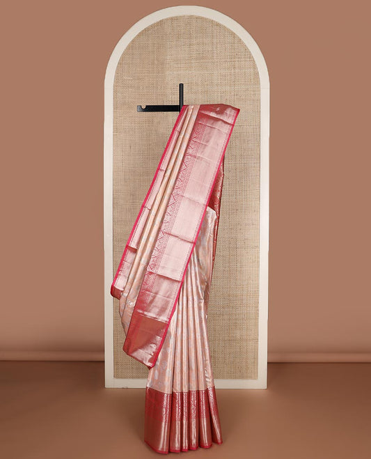 Peach jacquard budget silk saree, contrast traditional zari border, and jaal pallu