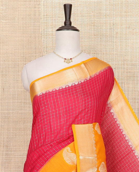 Red zari checked Assam silk saree, contrast traditional zari border of paisleys, and pallu of zari stripes