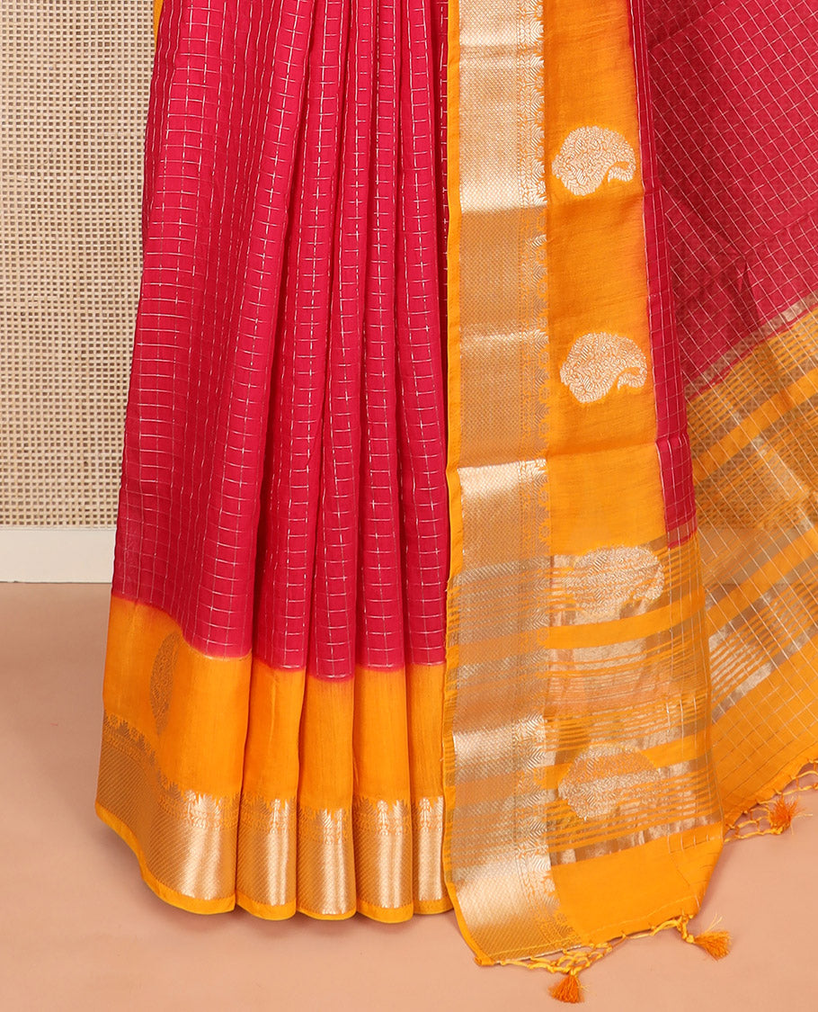 Red zari checked Assam silk saree, contrast traditional zari border of paisleys, and pallu of zari stripes