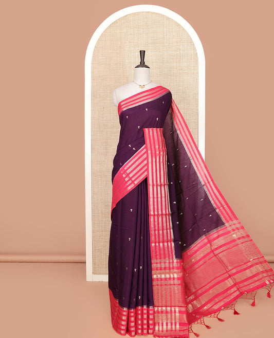 Dark Purple Assam Silk Saree Beautified with Zari Buttas, Complemented by Contrast Zari Border Featuring Traditional Zari Designs, a Gleaming Pallu of Zari Stripes, and Paired with a Contrast Blouse