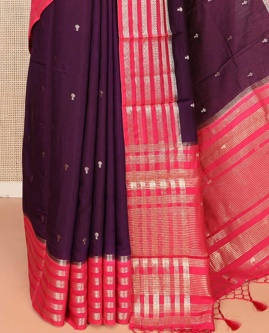 Dark Purple Assam Silk Saree Beautified with Zari Buttas, Complemented by Contrast Zari Border Featuring Traditional Zari Designs, a Gleaming Pallu of Zari Stripes, and Paired with a Contrast Blouse