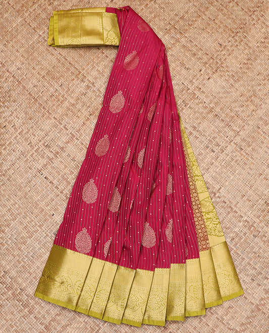 Apple Red Budget Silk Saree Features Zari Designs All Over Its Body, Highlighted with a Contrast Traditional Zari Design Border, Pallu Steeped with Big Paisleys, and a Contrast Zari-Bordered Blouse