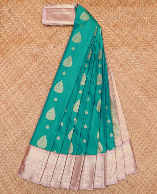 Green Budget Silk Saree, Highlighted with Zari Buttas  All Over Its Body, Complemented by a Contrast Traditional Zari Design Border of Paisleys, Pallu of Jaal Design, and Paired with a Contrast Blouse