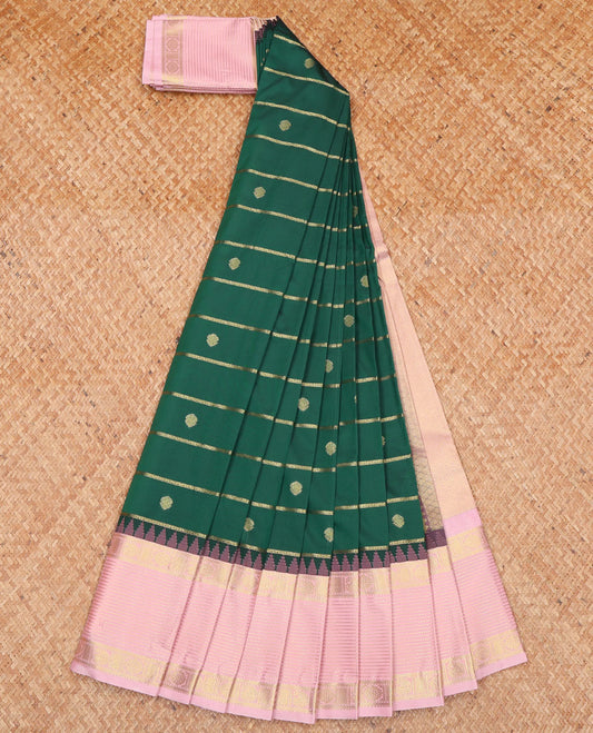 Green Budget Silk Saree, Prettified with Zari Buttas and Zari Stripes All Over Its Body, Complemented by Contrast Traditional Zari Design Temple Border, Subtly Sparkled Pallu, and Paired with a Contrast Blouse