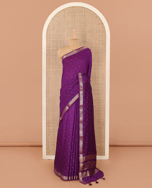Purple zari buttas Assam silk saree, temple traditional zari border, and pallu of stripes