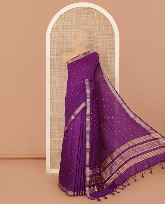 Purple zari buttas Assam silk saree, temple traditional zari border, and pallu of stripes
