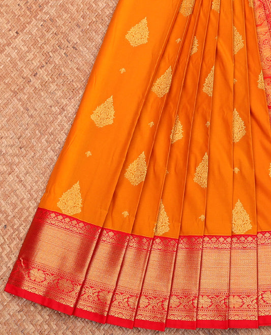 Orange Budget Silk Saree, Gleamed Up with Zari Buttas, Complemented by a Contrast Traditional Zari Border, Grand Pallu, and Contrast Blouse