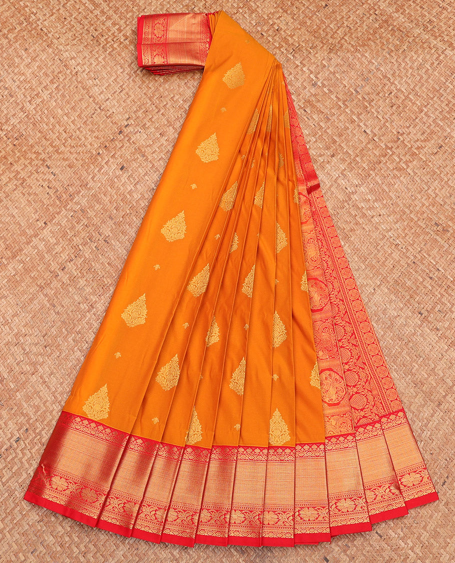 Orange Budget Silk Saree, Gleamed Up with Zari Buttas, Complemented by a Contrast Traditional Zari Border, Grand Pallu, and Contrast Blouse