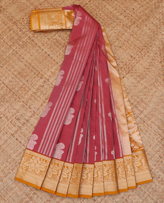 Red paisleys, and geometric patterns budget silk saree, contrast floral design border, and pallu steeped paisleys