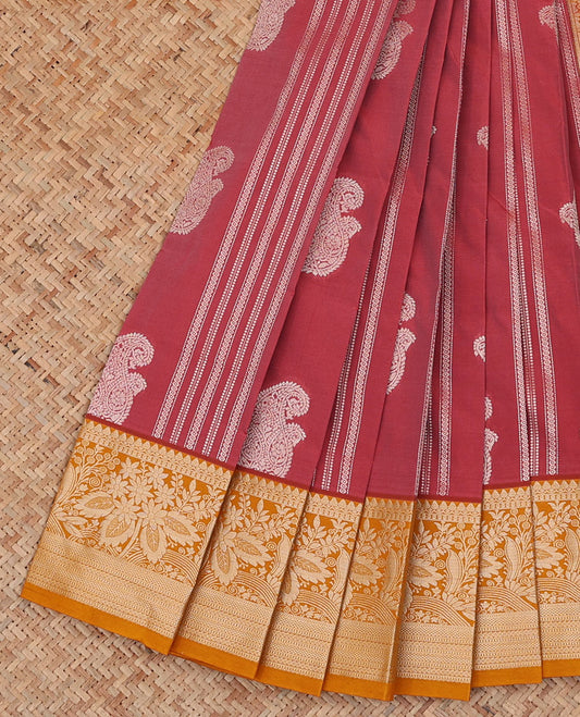 Red paisleys, and geometric patterns budget silk saree, contrast floral design border, and pallu steeped paisleys