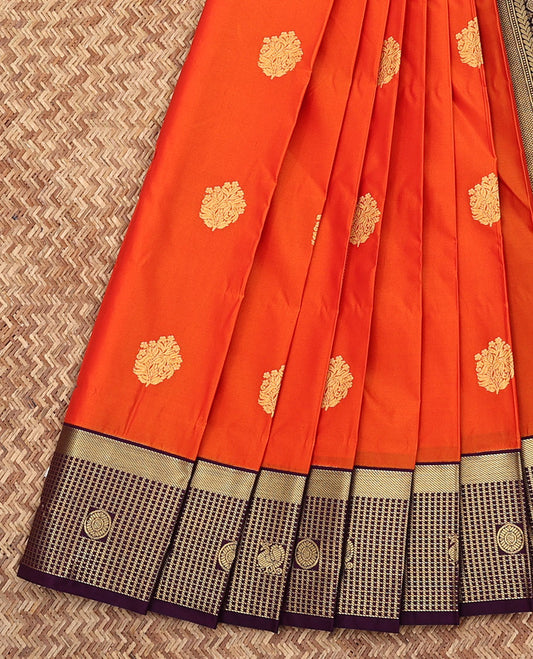 Orange Budget Silk Saree, Enriched with Zari Buttas All Over Its Body, Complemented by a Contrast  Zari Checked Border of Peacock-Chakram Designs, Grandly Designed Pallu, and Paired with a Contrast Blouse