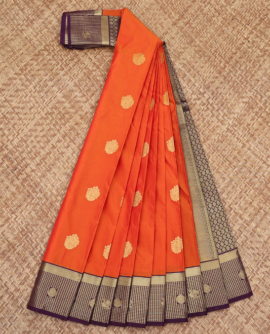 Orange Budget Silk Saree, Enriched with Zari Buttas All Over Its Body, Complemented by a Contrast  Zari Checked Border of Peacock-Chakram Designs, Grandly Designed Pallu, and Paired with a Contrast Blouse