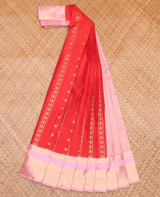 Red Budget Silk Saree, Crafted with Zari Buttas All Over Its Body, Complemented by a Contrast Traditional Zari Design Rettai Pettu Border, Intricately Designed Pallu, and Paired with a Contrast Blouse
