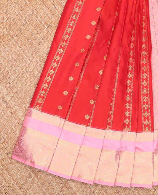 Red Budget Silk Saree, Crafted with Zari Buttas All Over Its Body, Complemented by a Contrast Traditional Zari Design Rettai Pettu Border, Intricately Designed Pallu, and Paired with a Contrast Blouse