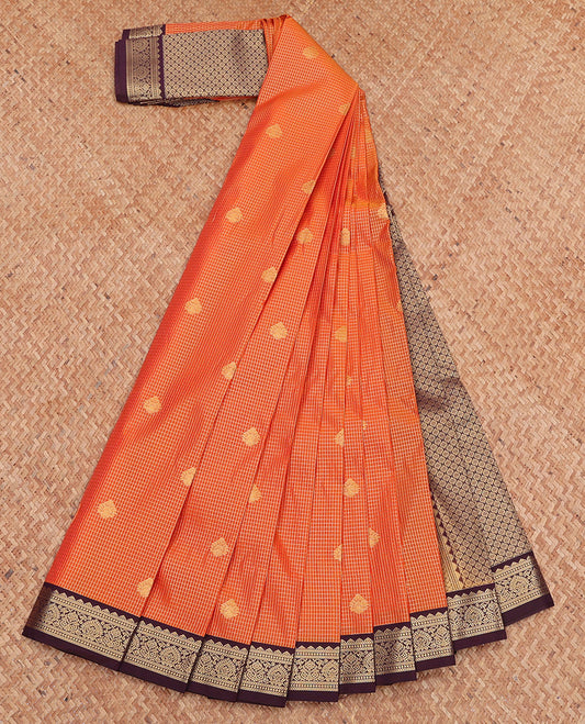 Orange Budget Silk Saree, Richly Detailed with Zari Buttas and Checks, Complemented by a Contrast Traditional Zari Border, Jaal Pallu, and Contrast Blouse