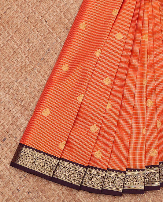 Orange Budget Silk Saree, Richly Detailed with Zari Buttas and Checks, Complemented by a Contrast Traditional Zari Border, Jaal Pallu, and Contrast Blouse