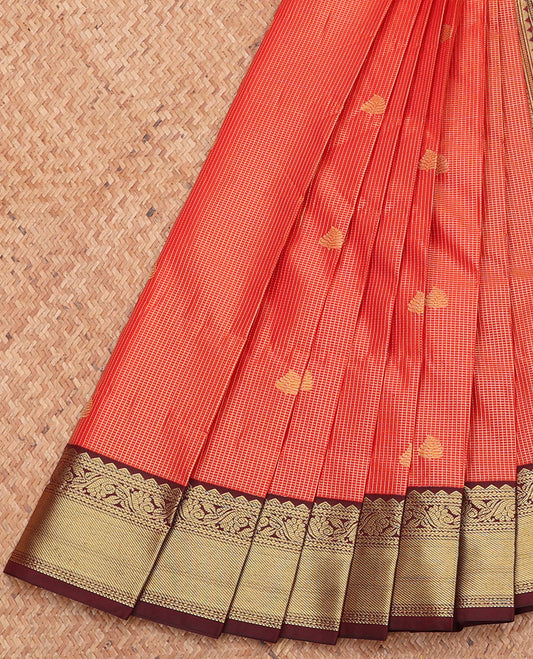 Orange Budget Silk Saree, Decorated with Zari Buttas and Checks, Complemented by a Contrast Traditional Zari Border, Grand Pallu, and a Contrast Blouse