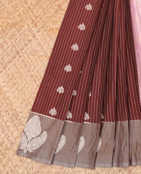Maroon Budget Silk Saree, Adorned with Stripes and Buttas, Complemented by Contrast Zari Motif Border, a Grand Pallu and a Contrast Blouse
