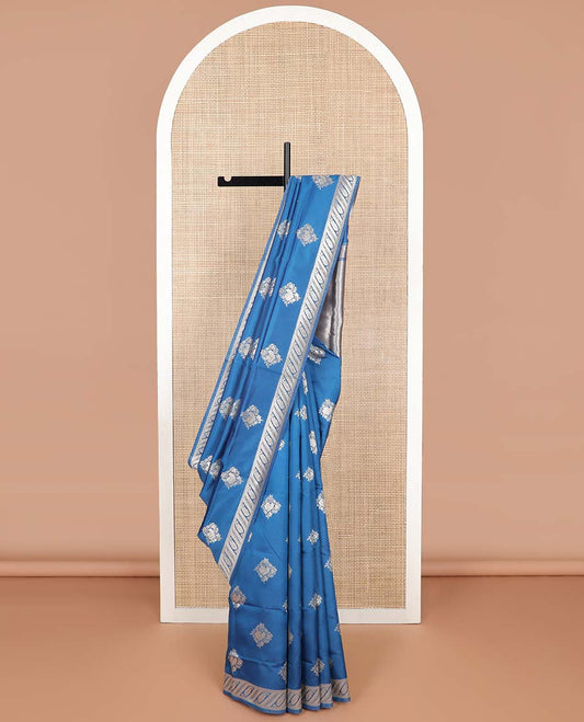 Blue motifs butter silk saree with self floral zari design border & floral design pallu