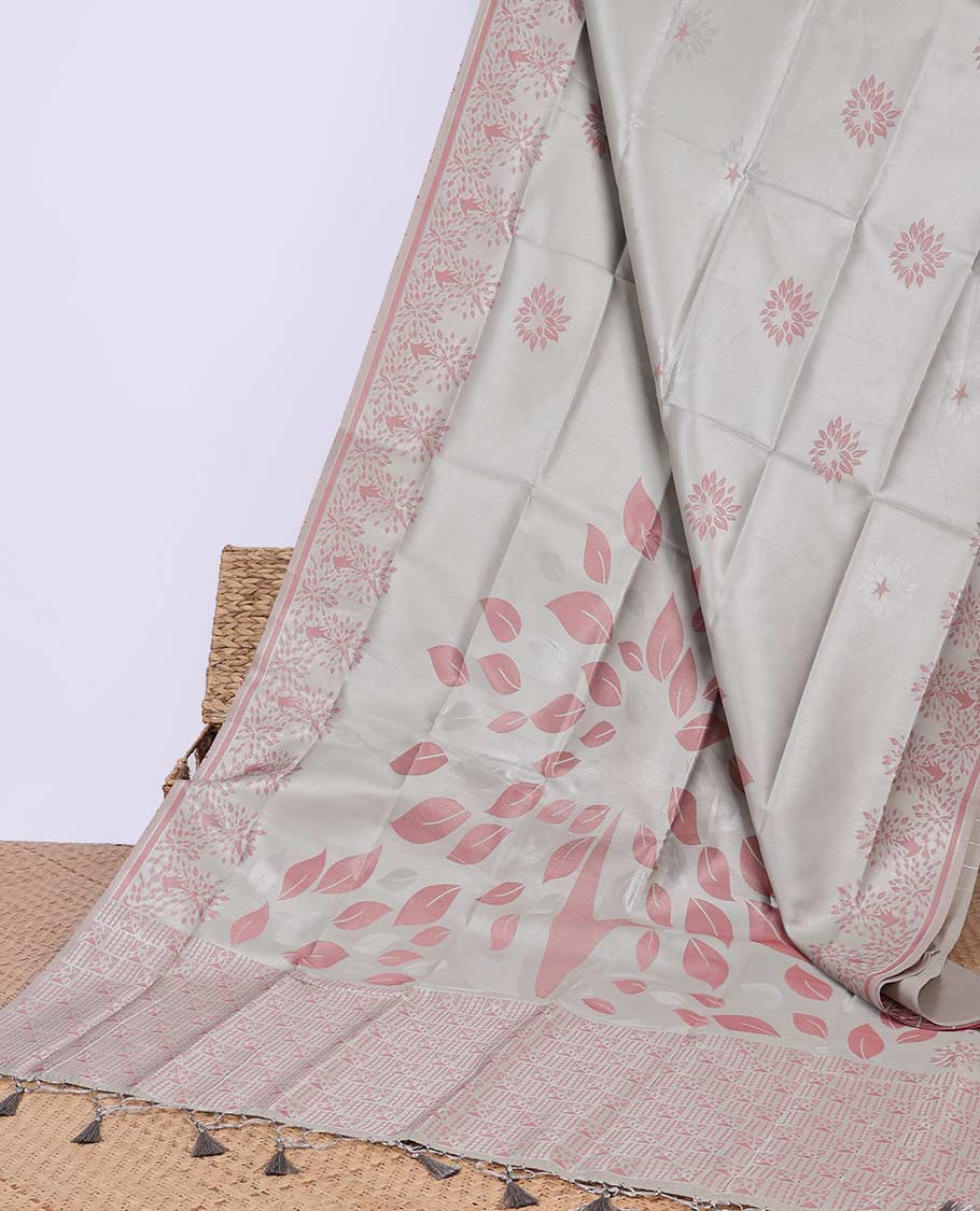 Peach floral printed butter silk saree with self-floral border & intricate design pallu