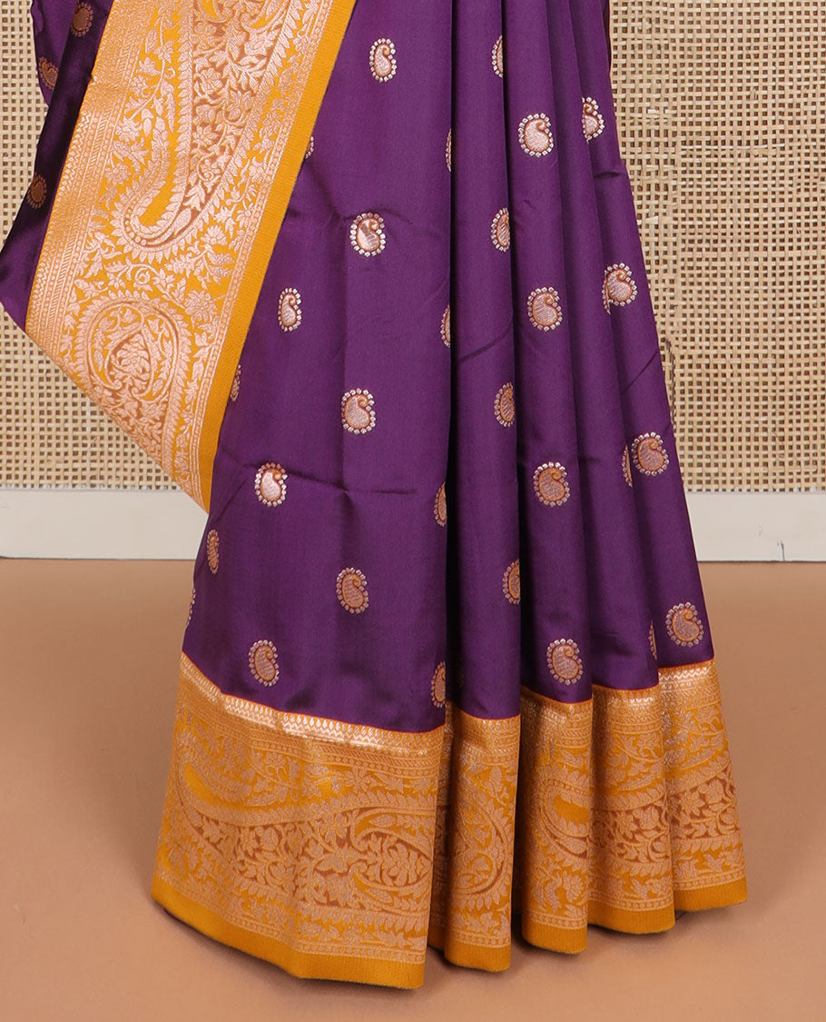 Violet floral motifs butter silk saree with contrast paisley design border & floral, paisley design pallu