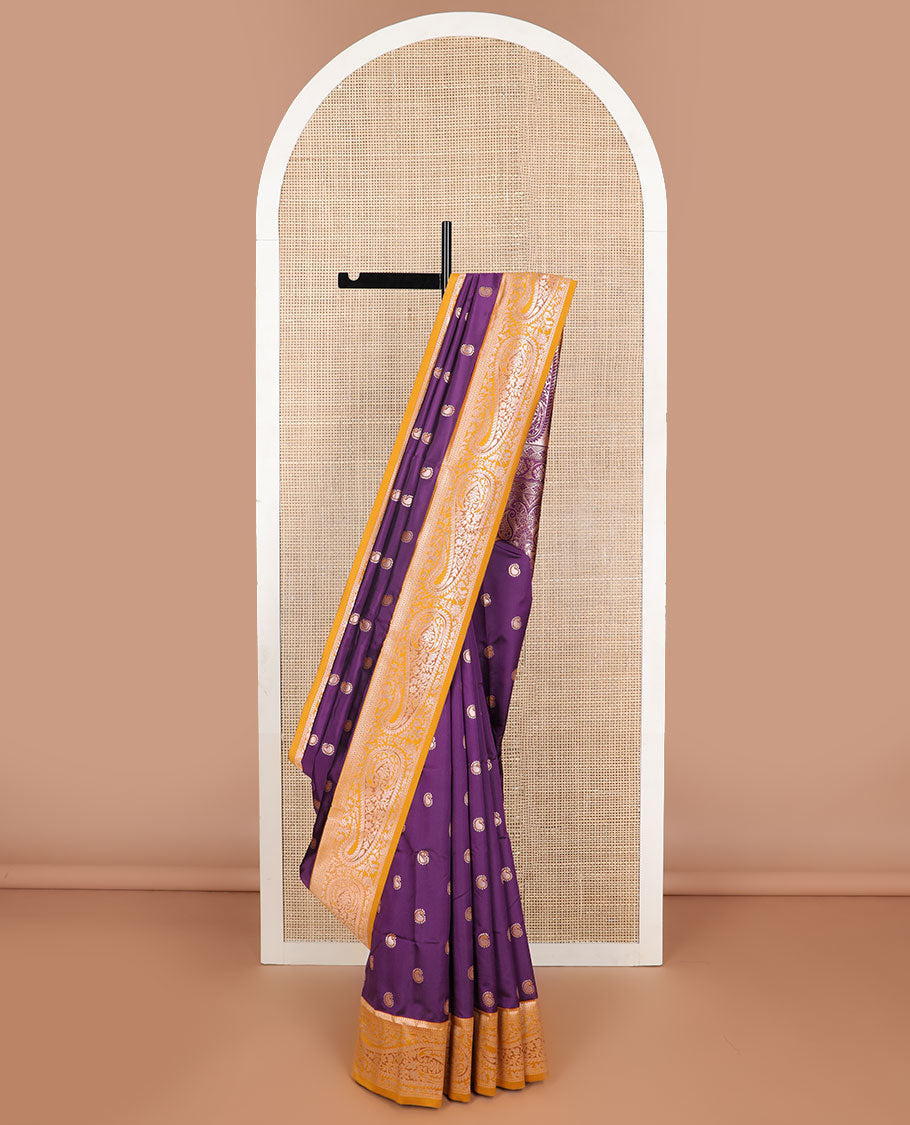 Violet floral motifs butter silk saree with contrast paisley design border & floral, paisley design pallu