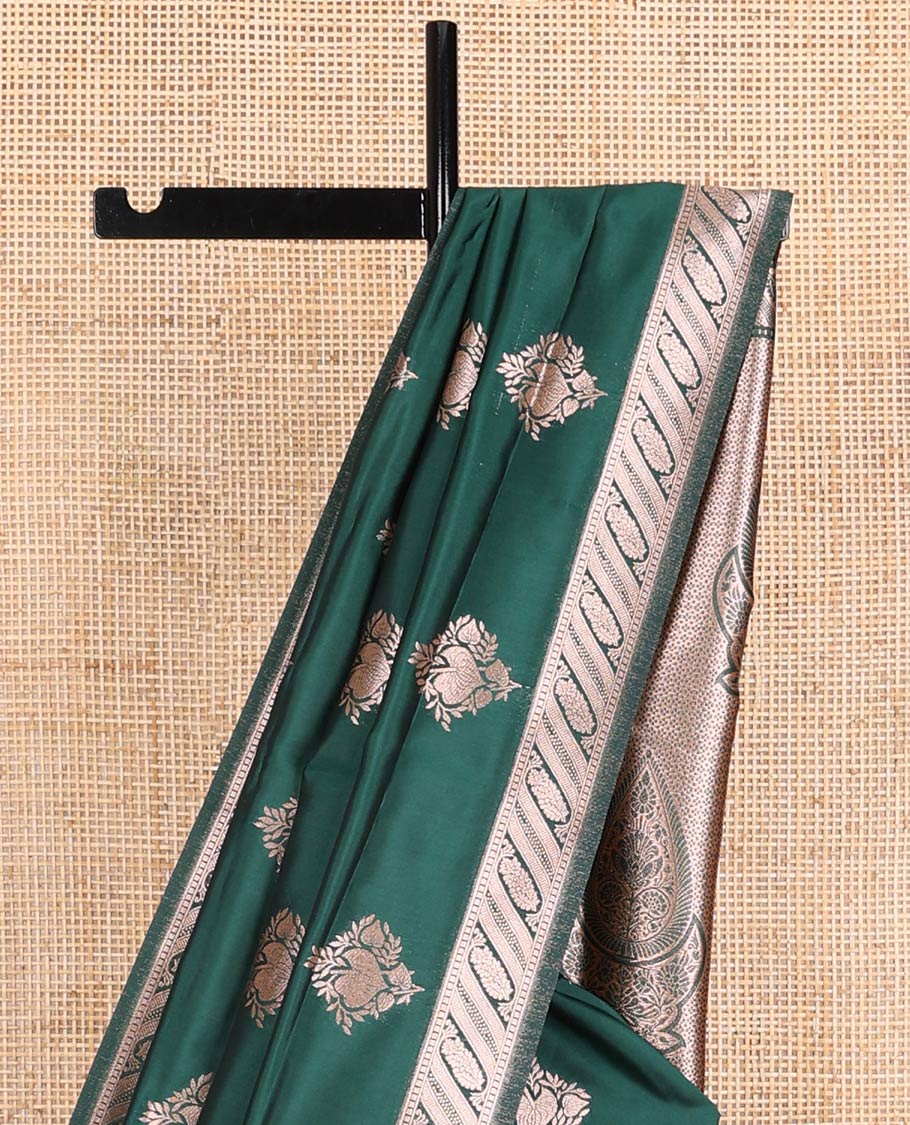 Green butter silk saree with zari buttas, floral zari design border & intricate pallu