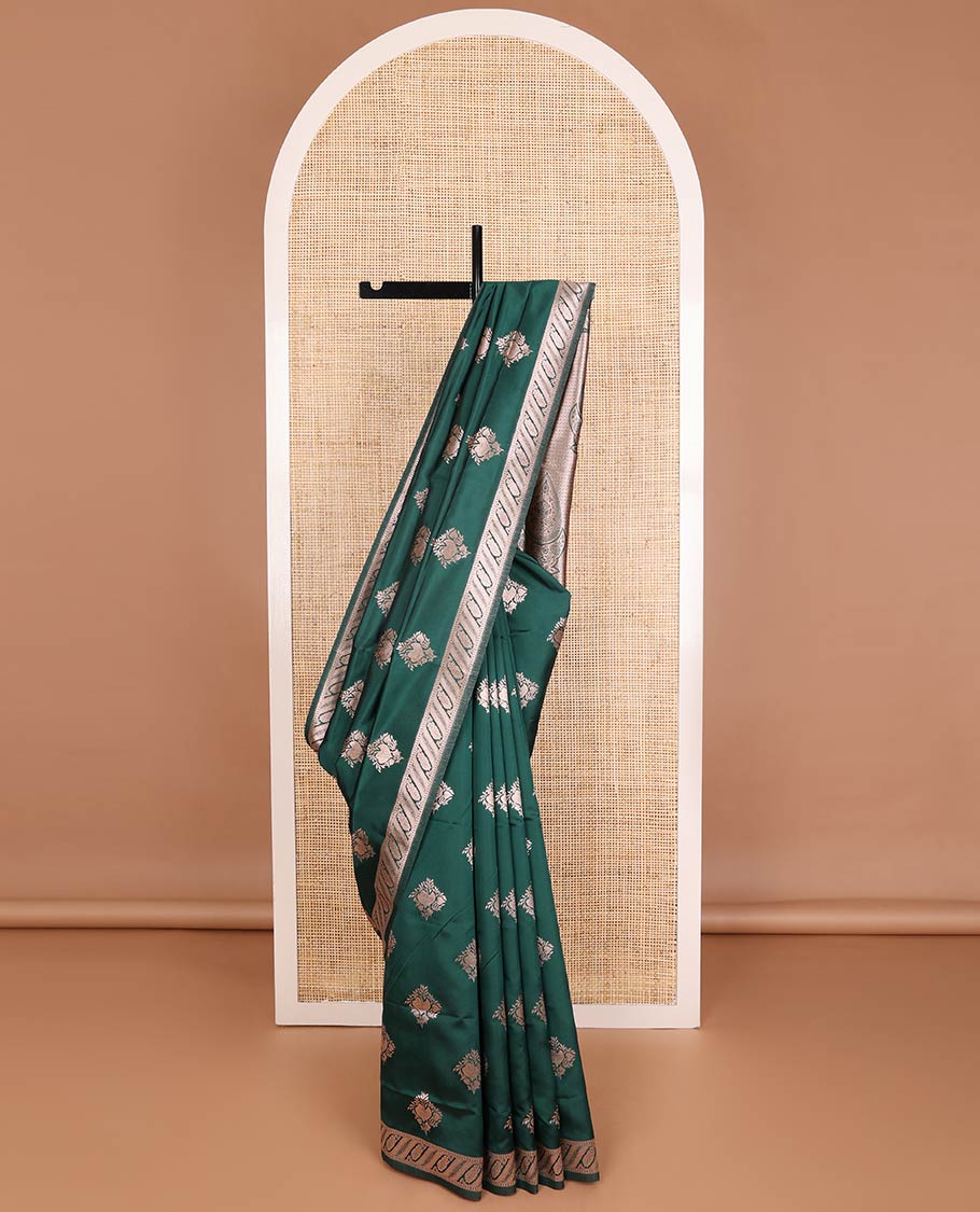 Green butter silk saree with zari buttas, floral zari design border & intricate pallu