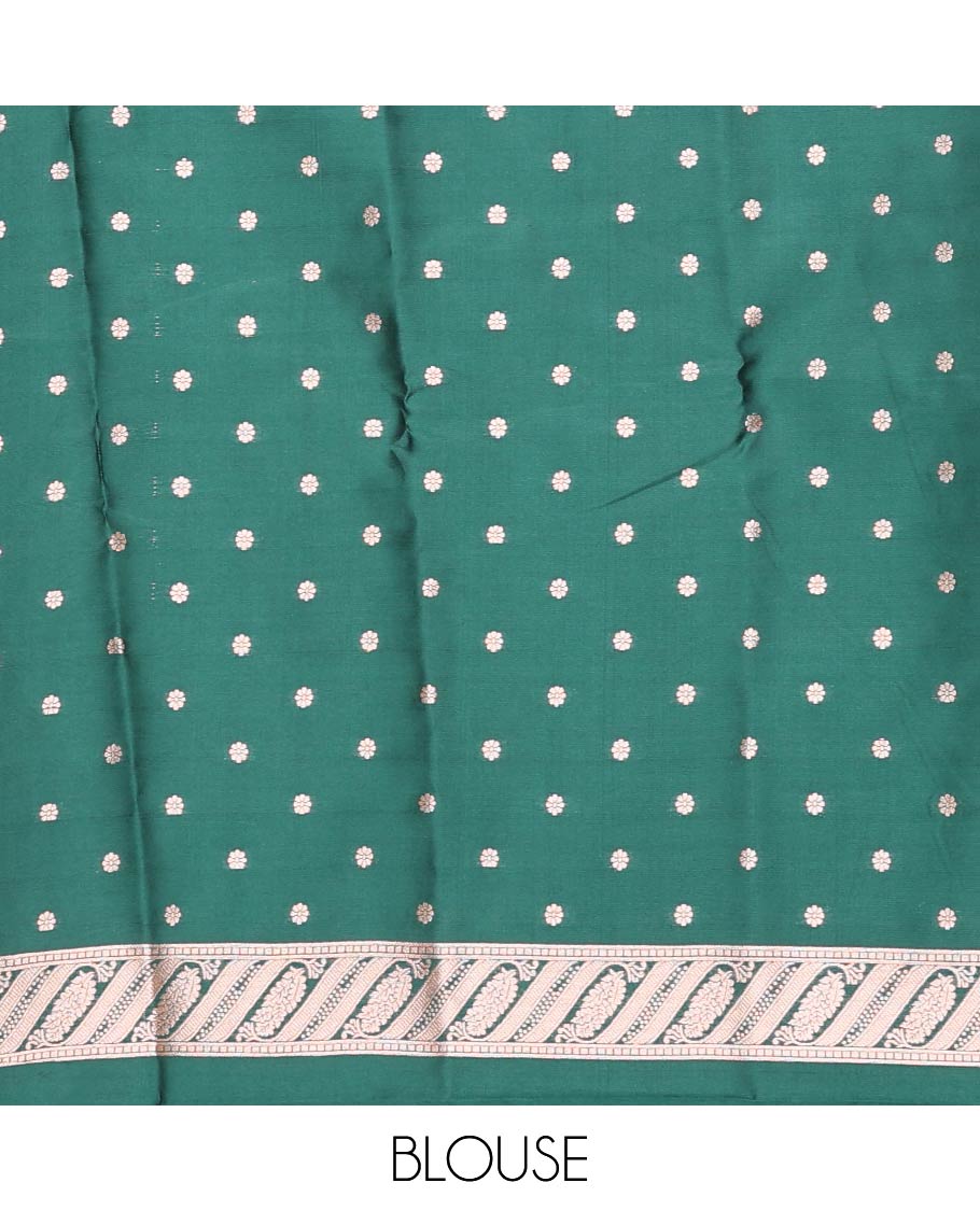 Green butter silk saree with zari buttas, floral zari design border & intricate pallu