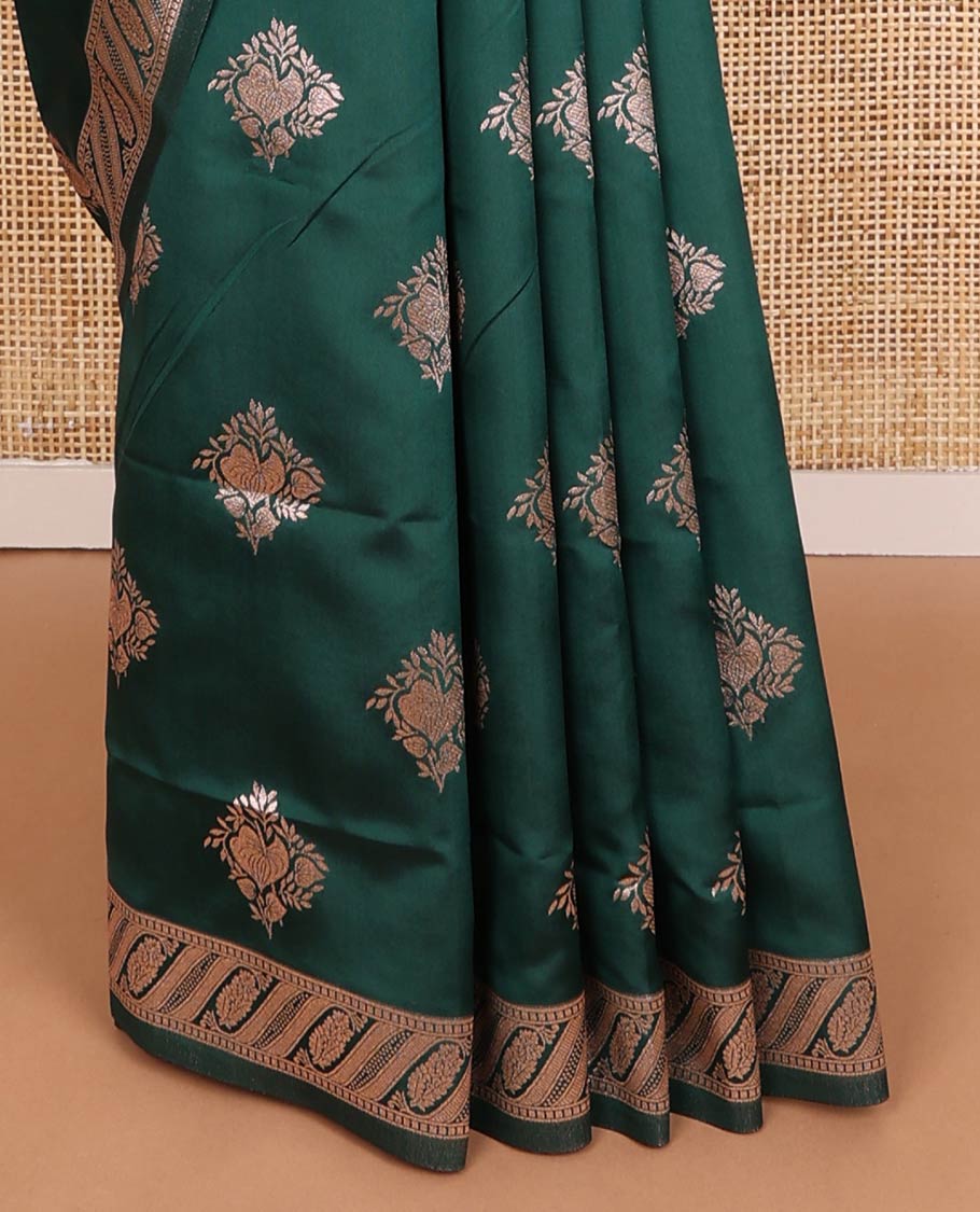 Green butter silk saree with zari buttas, floral zari design border & intricate pallu