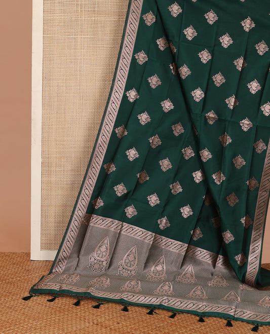 Green butter silk saree with zari buttas, floral zari design border & intricate pallu