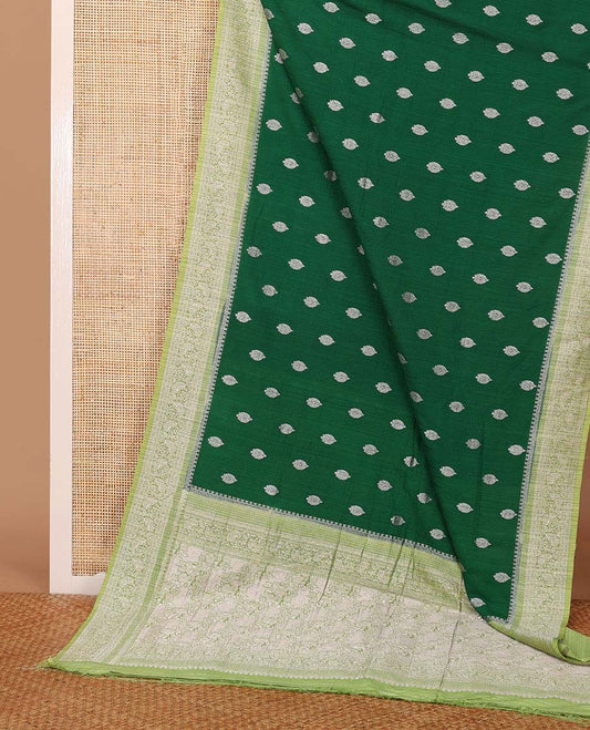 Green zari buttas fancy crepe saree, contrast traditional zari border & intricate pallu