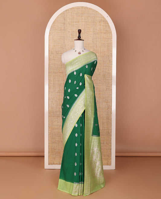 Green zari buttas fancy crepe saree, contrast traditional zari border & intricate pallu