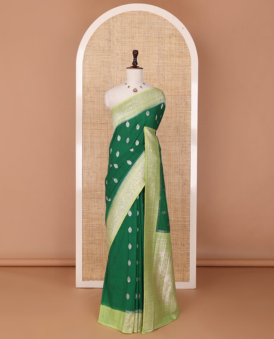 Green zari buttas fancy crepe saree, contrast traditional zari border & intricate pallu