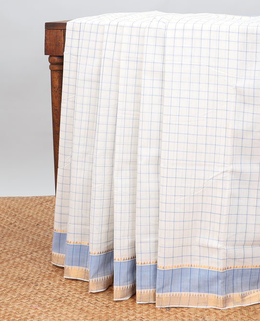 White checked mangalagiri cotton saree contrast striped, temple border & checked pallu