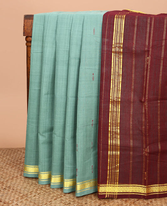 Green thread buttas Andhra cotton saree, zari border, and contrast pallu of zari stripes