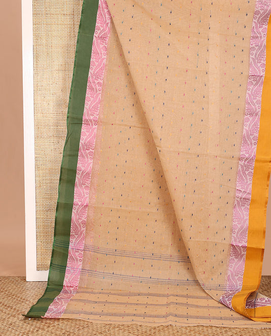 Sandal buttas Bengal cotton saree, contrast leaf creeper ganga jamuna border, and pallu of stripes, and buttas