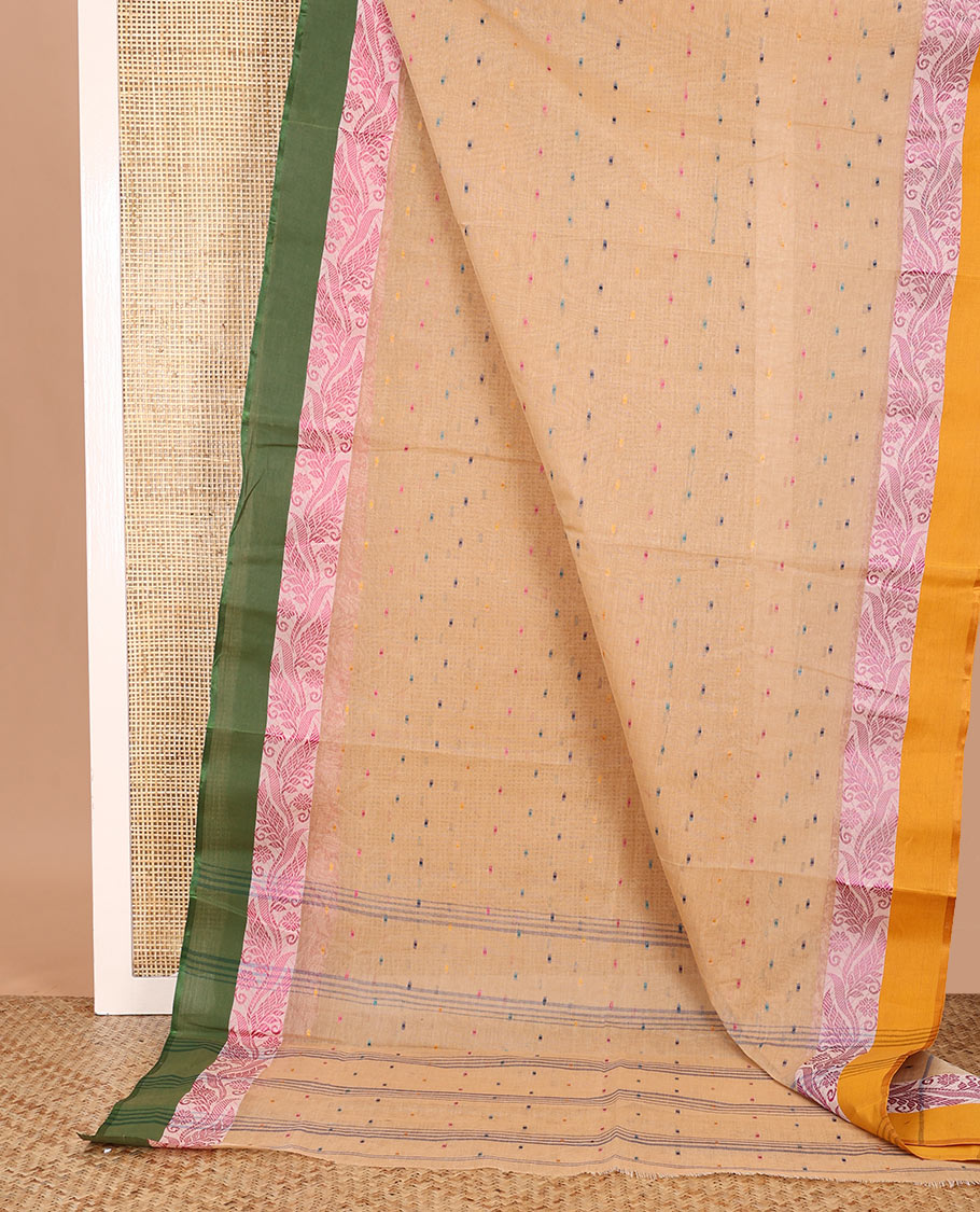Sandal buttas Bengal cotton saree, contrast leaf creeper ganga jamuna border, and pallu of stripes, and buttas