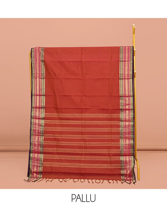 Orange Plain Chettinad Cotton Saree, Complemented by a Contrast Traditional Zari Design Border, Pallu of Stripes, and Paired with a Matching Blouse