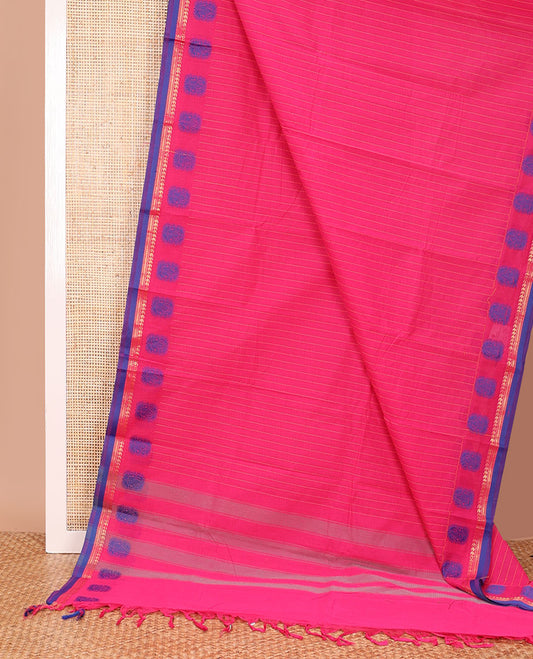 Pink striped Chettinad cotton saree, contrast traditional zari border, and pallu of stripes