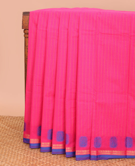 Pink striped Chettinad cotton saree, contrast traditional zari border, and pallu of stripes