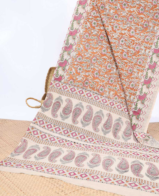 Orange floral machine-printed kalamkari cotton saree, contrast chevron & floral border & paisley & diamond pallu