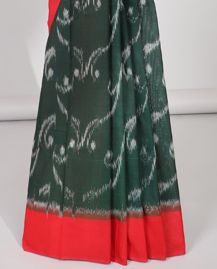 Green Vine design Ikkat Cotton Saree with contrast plain border & geometric design pallu